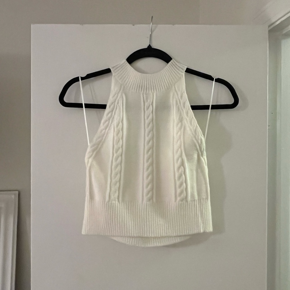 Papermoon White Cable Knit Sleeveless Mock Neck Tank